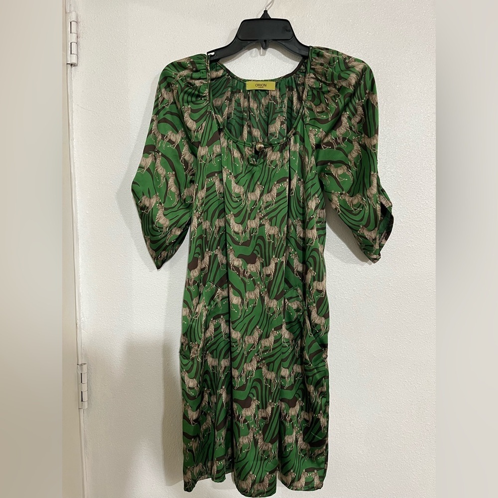 Orion green and brown zebra-striped short-sleeve dress.tunic summer launch S/M